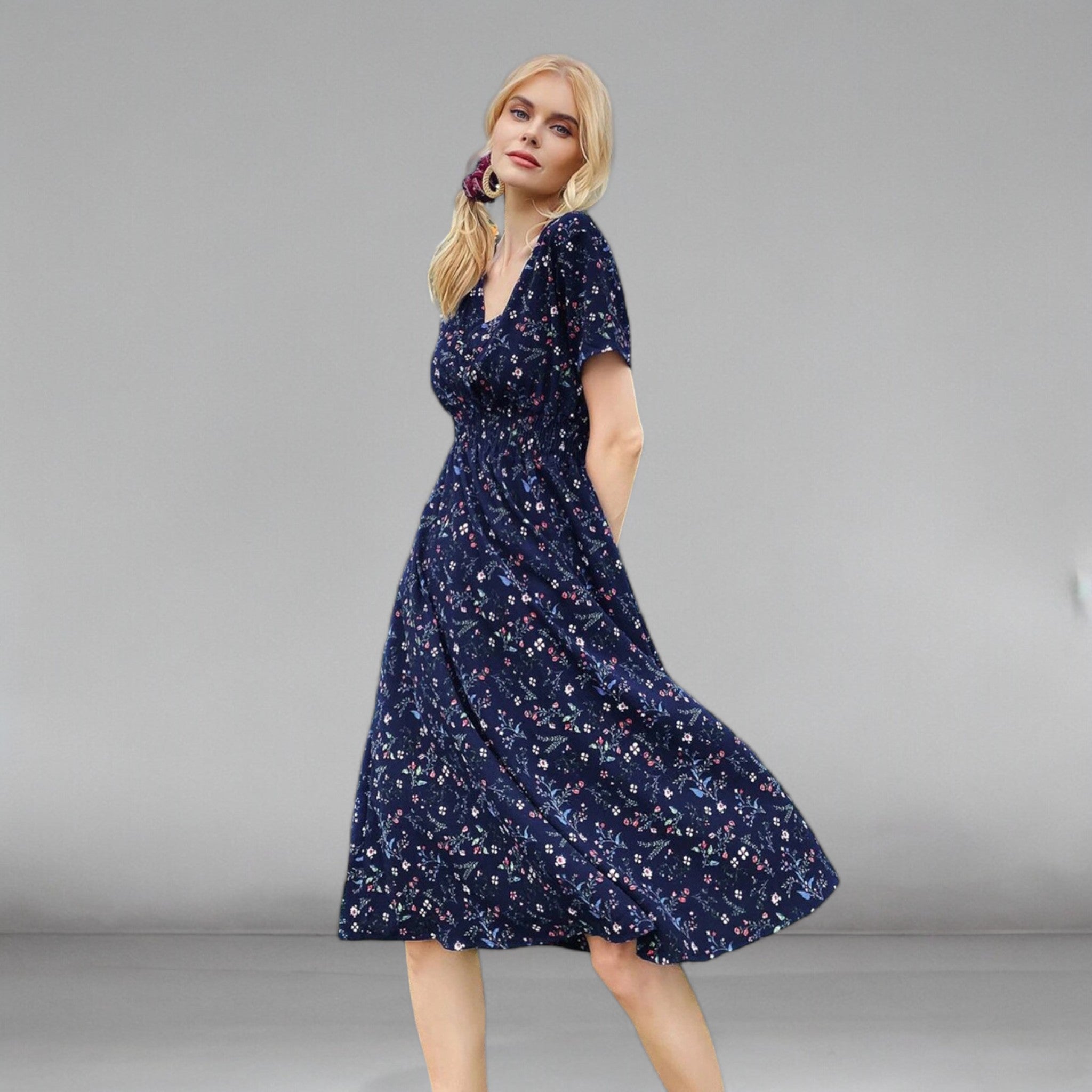 Loose Fitting Bodycon Waist Floral Print V-Neck Midi Dress