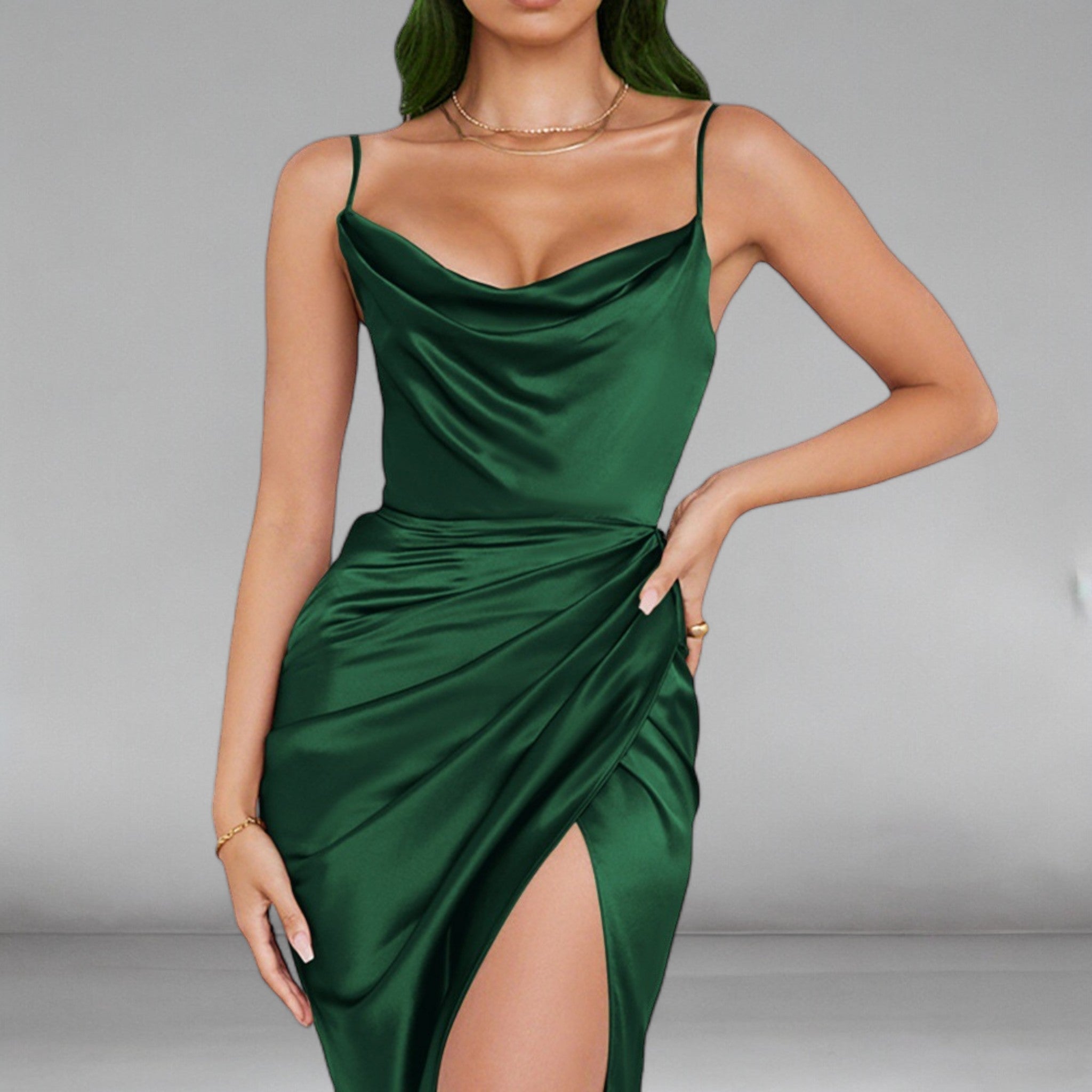 Satin Cowl Neck Split Leg Detail Midi Dress