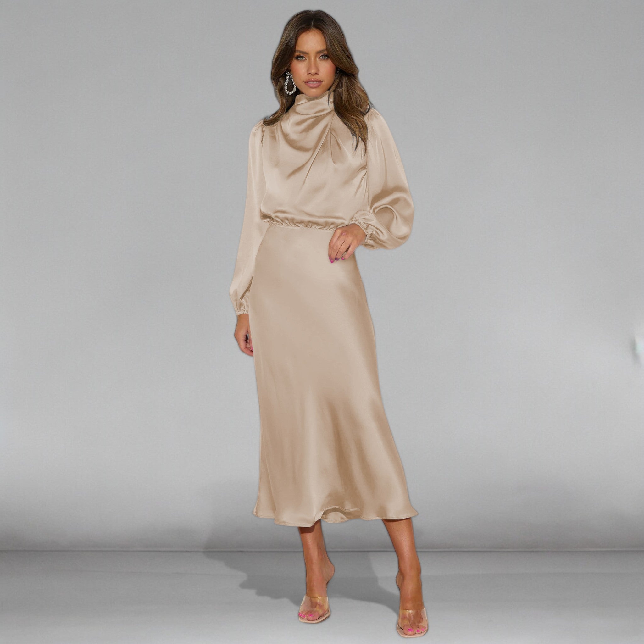 Stylish Solid Colour Long Sleeved Turtle Neck Satin Maxi Dress