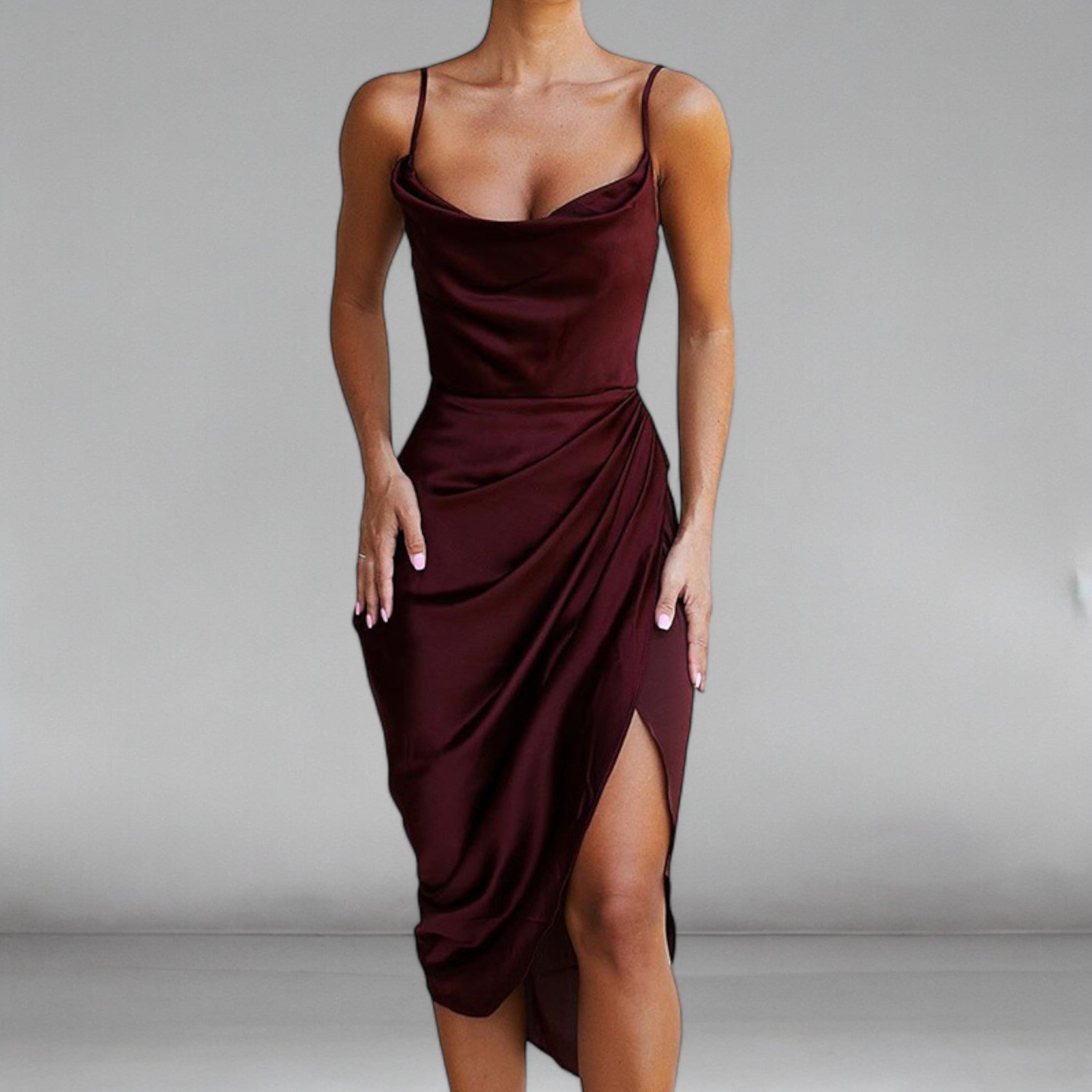 Satin Cowl Neck Split Leg Detail Midi Dress