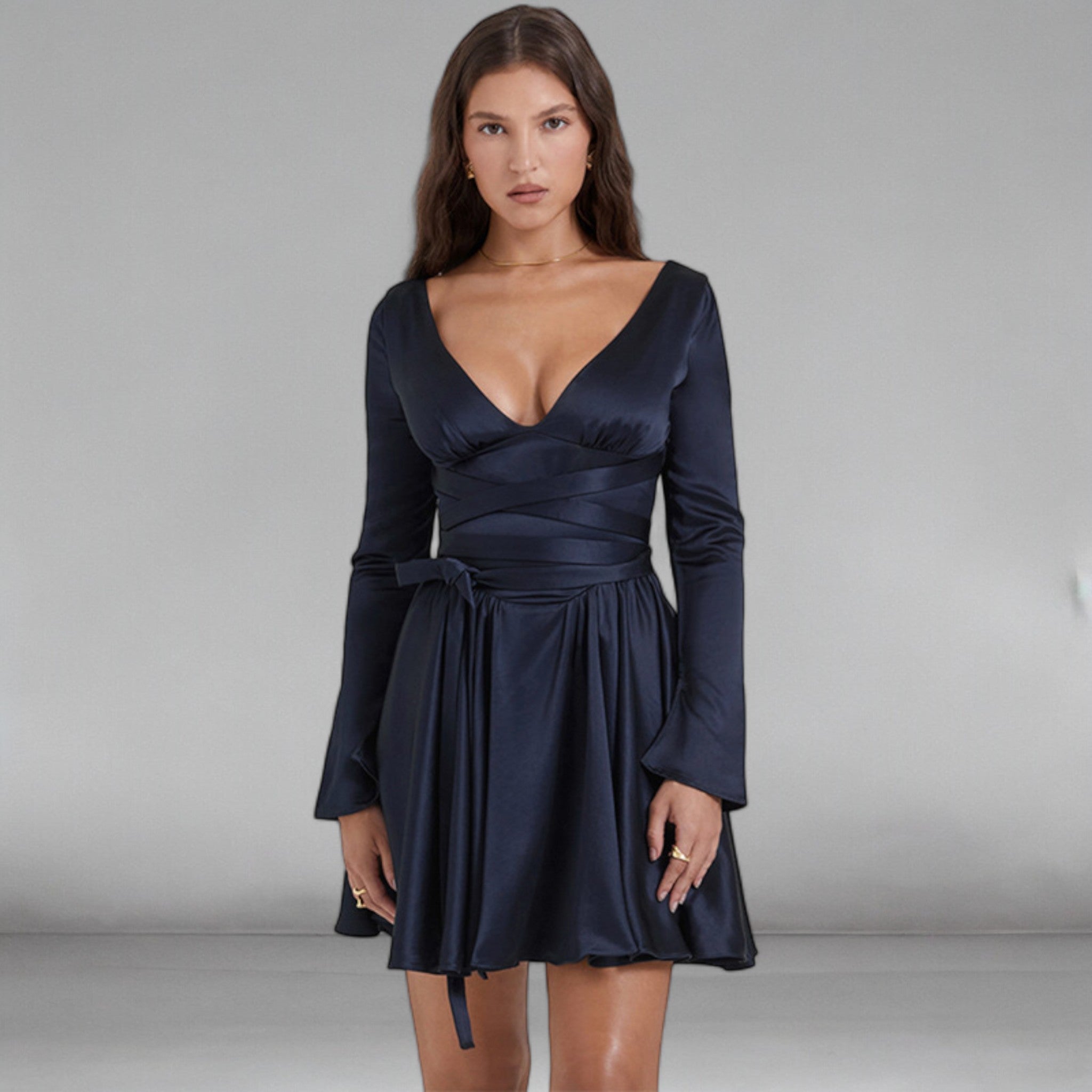 V-Neckline Flared Bodycon Mini Dress