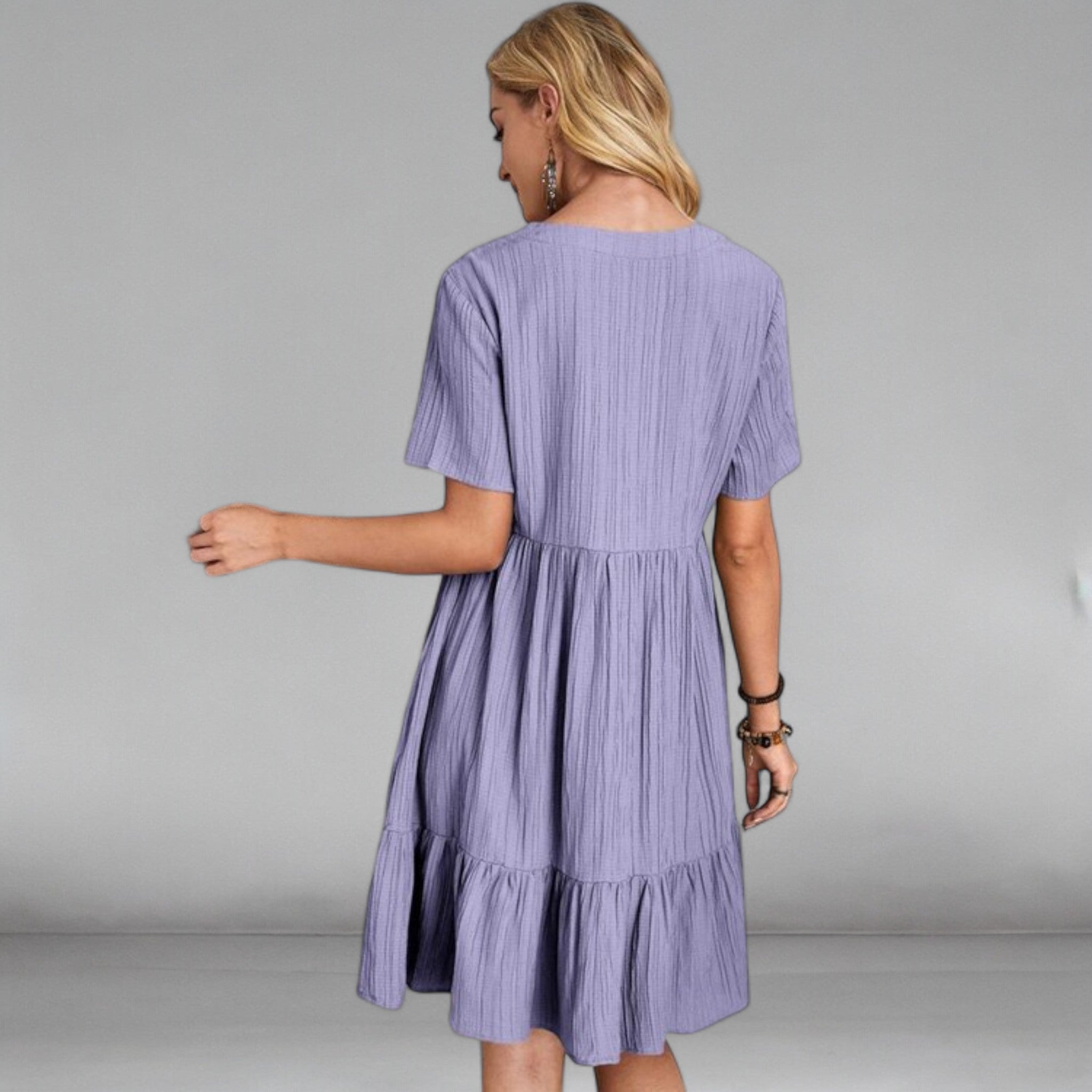 Loose Fitting V-Neck Solid Colour Pleated Midi Dress